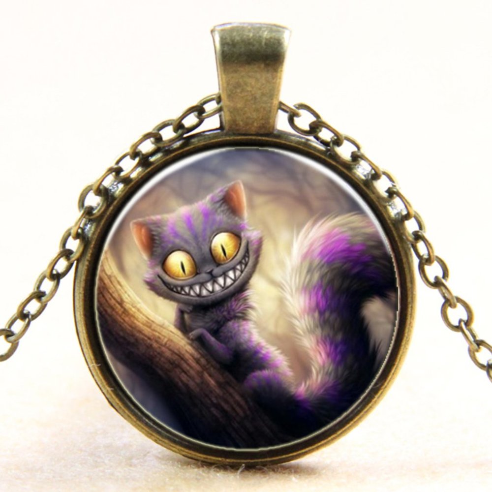 New glass cabochon Cheshire cat Halloween necklace